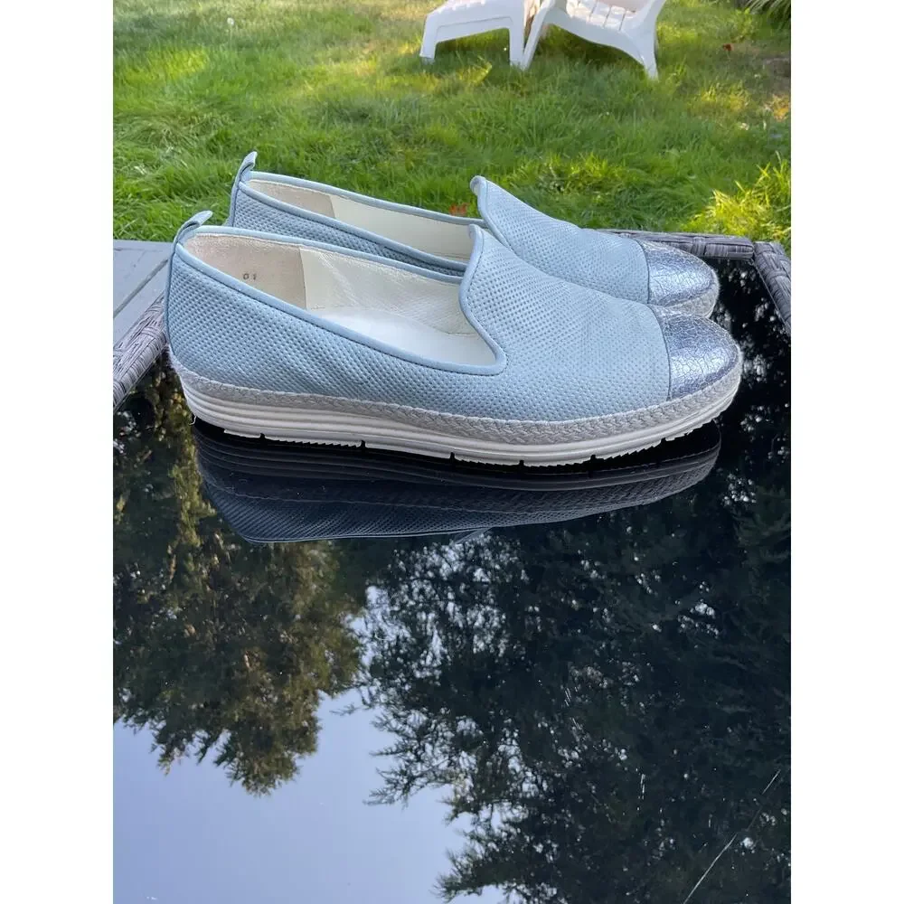 Paul Green Joaquin Espadrille Slip On Leather Loafer Cap Toe Blue/Silver‎ SZ 7